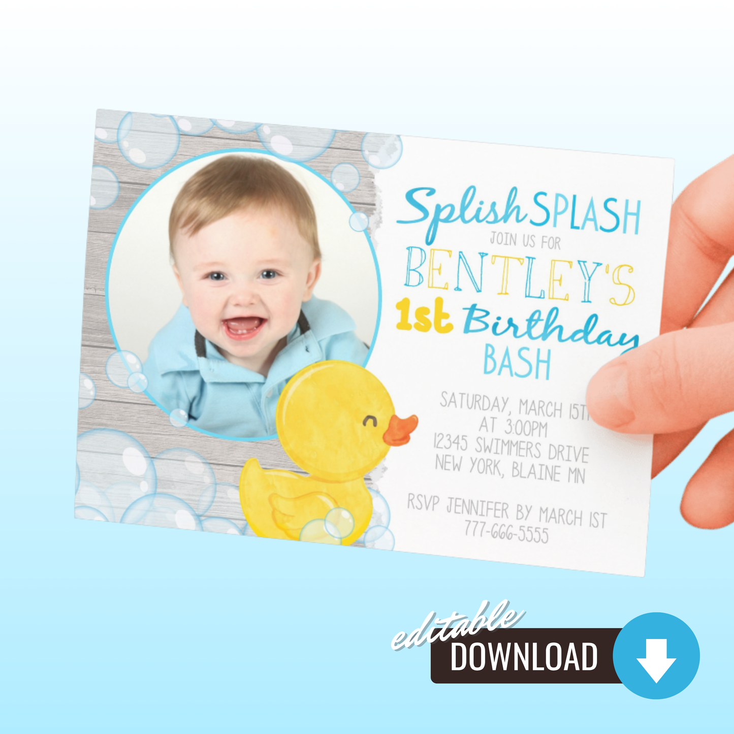 Rubber Duck Photo Birthday Invitation | EDITABLE DIGITAL DOWNLOAD