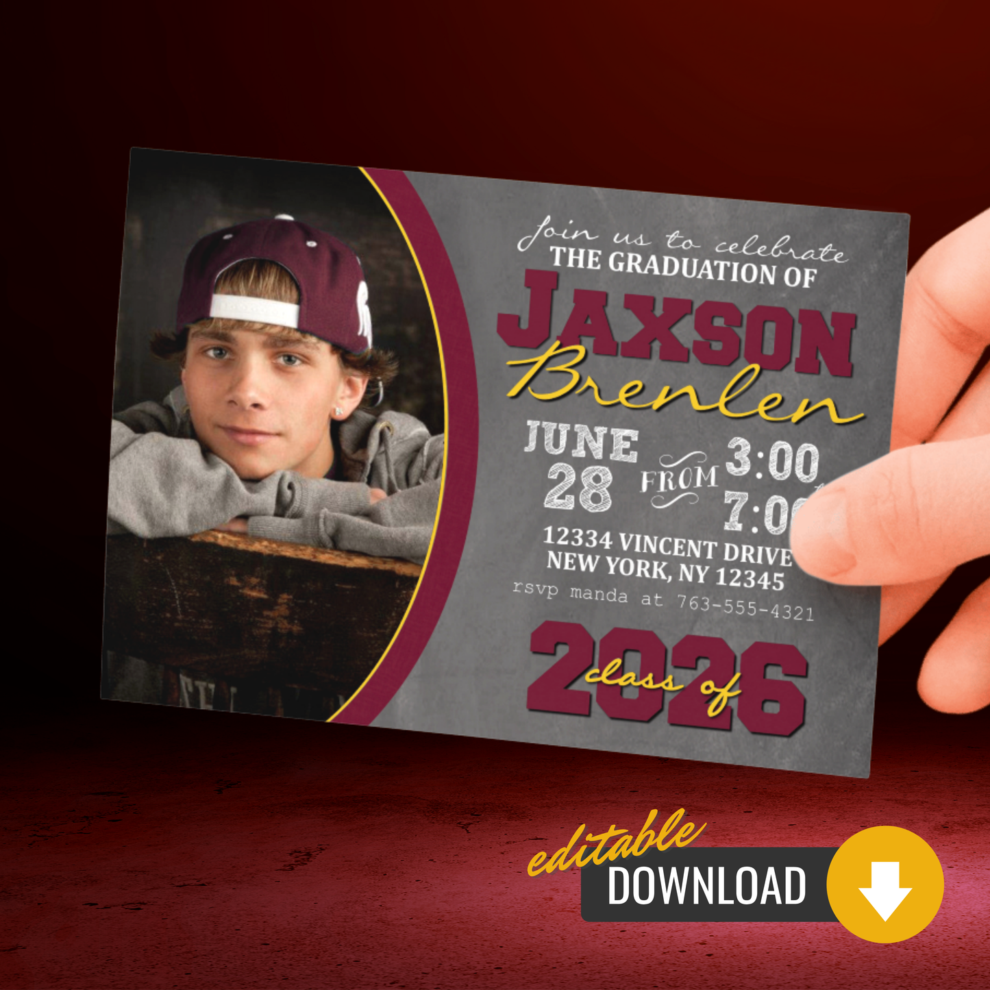 Maroon & Gold Chalkboard Graduation Photo Invitations | EDITABLE DIGITAL DOWNLOAD
