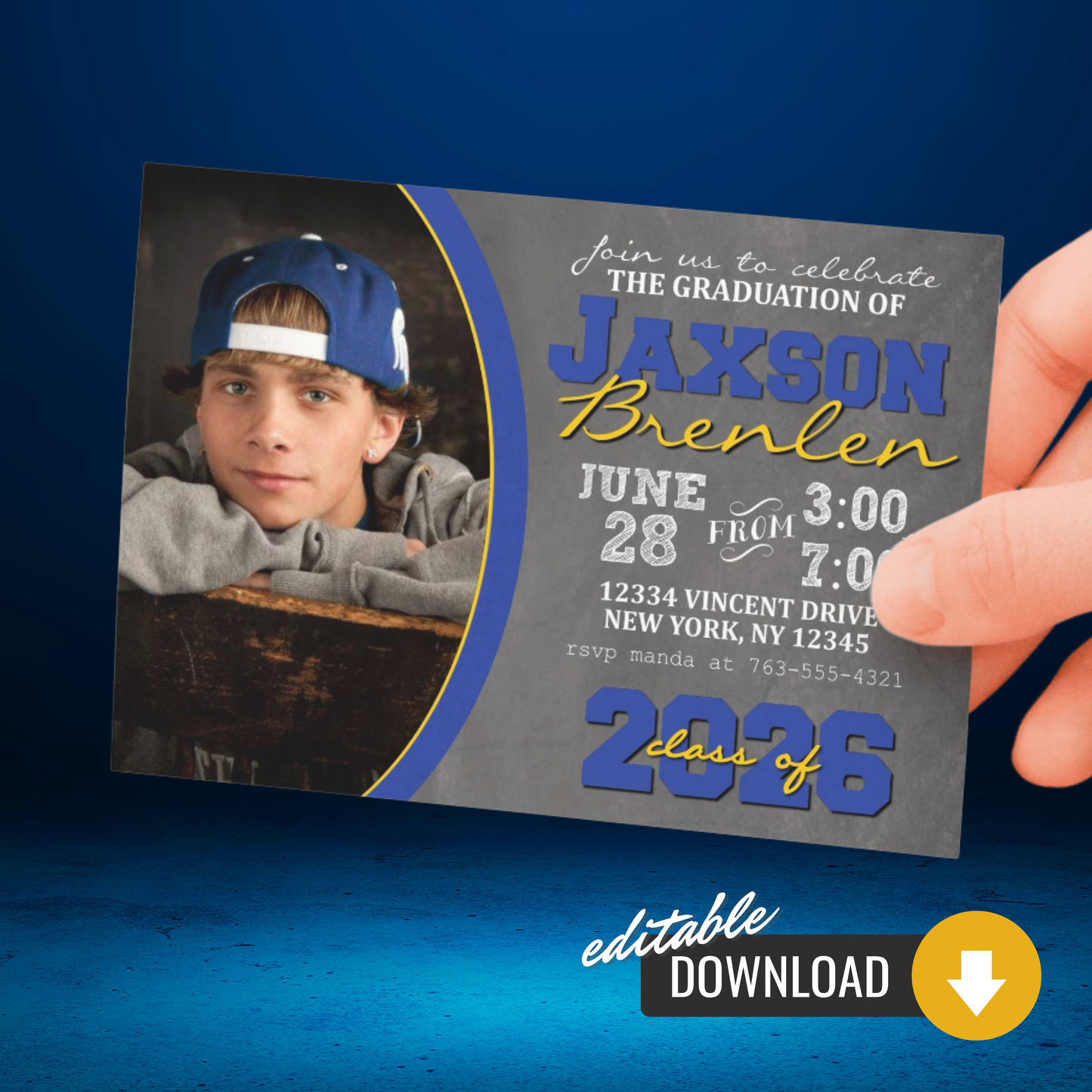Blue & Gold Graduation Chalkboard Photo Invitations | EDITABLE DIGITAL DOWNLOAD