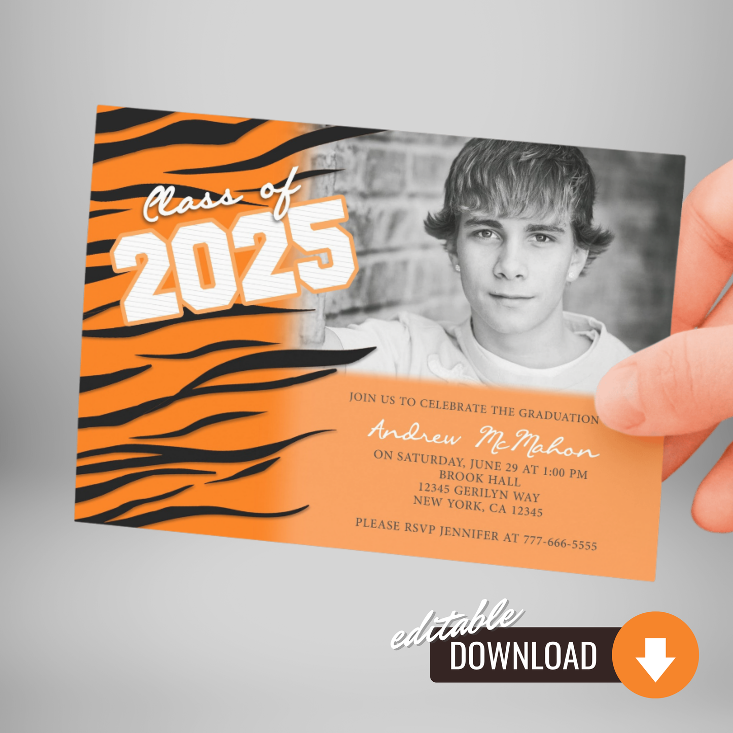 Orange Striped Graduation Photo Invitations for Tigers, Bengals, Bobcats, Wildcats | EDITABLE DIGITAL DOWNLOAD