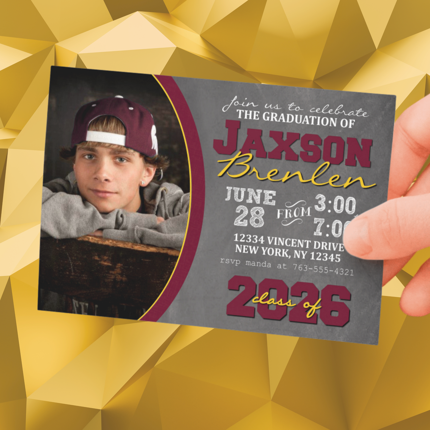 Maroon & Gold Chalkboard Graduation Photo Invitations | EDITABLE DIGITAL DOWNLOAD