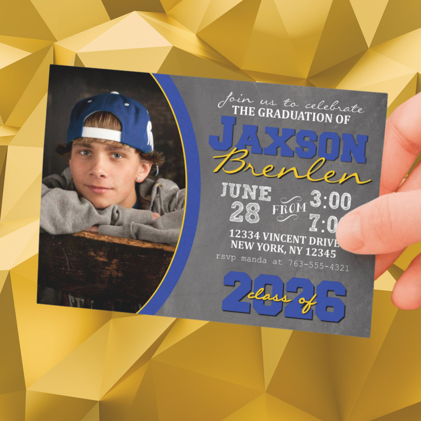 Blue & Gold Graduation Chalkboard Photo Invitations | EDITABLE DIGITAL DOWNLOAD