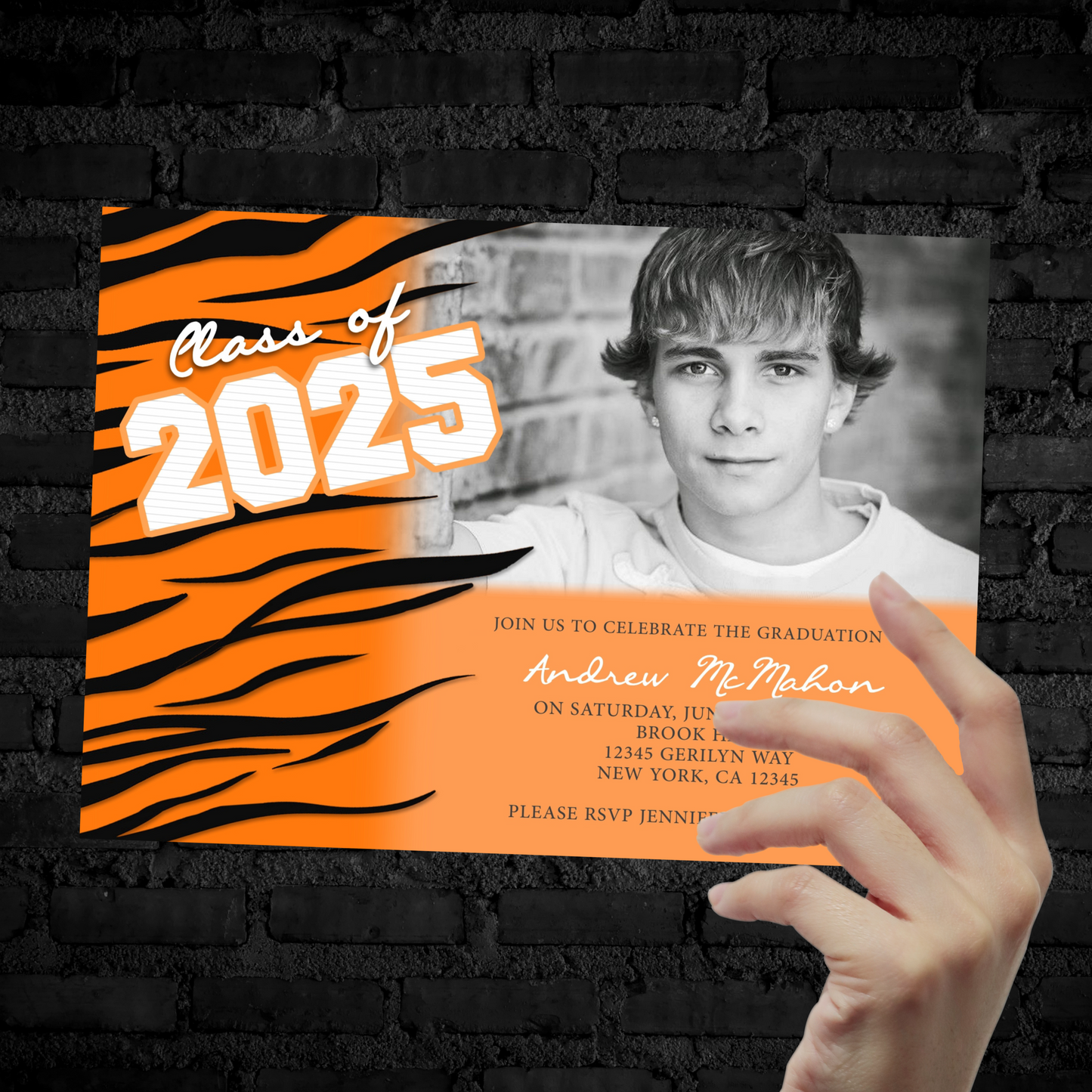 Orange Striped Graduation Photo Invitations for Tigers, Bengals, Bobcats, Wildcats | EDITABLE DIGITAL DOWNLOAD
