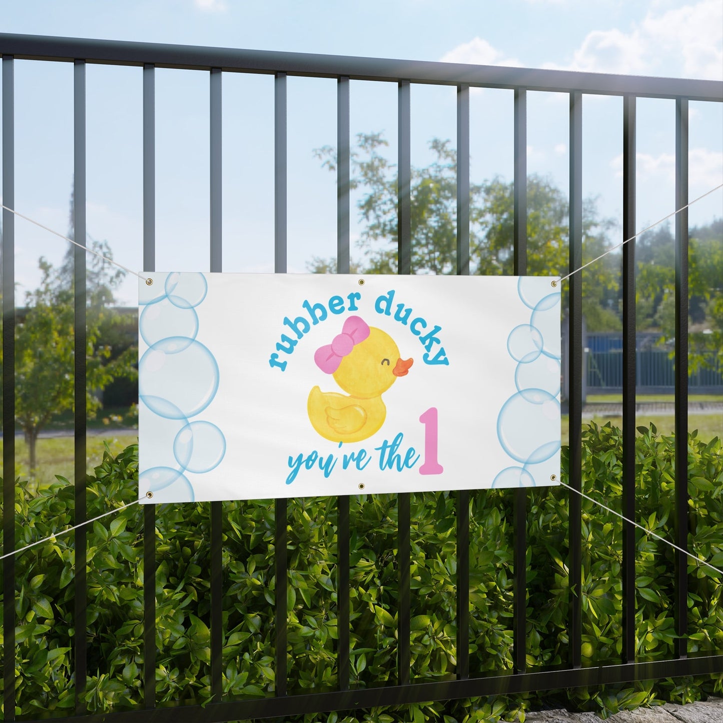 Girl Rubber Ducky You're the 1 Hanging Birthday Banner