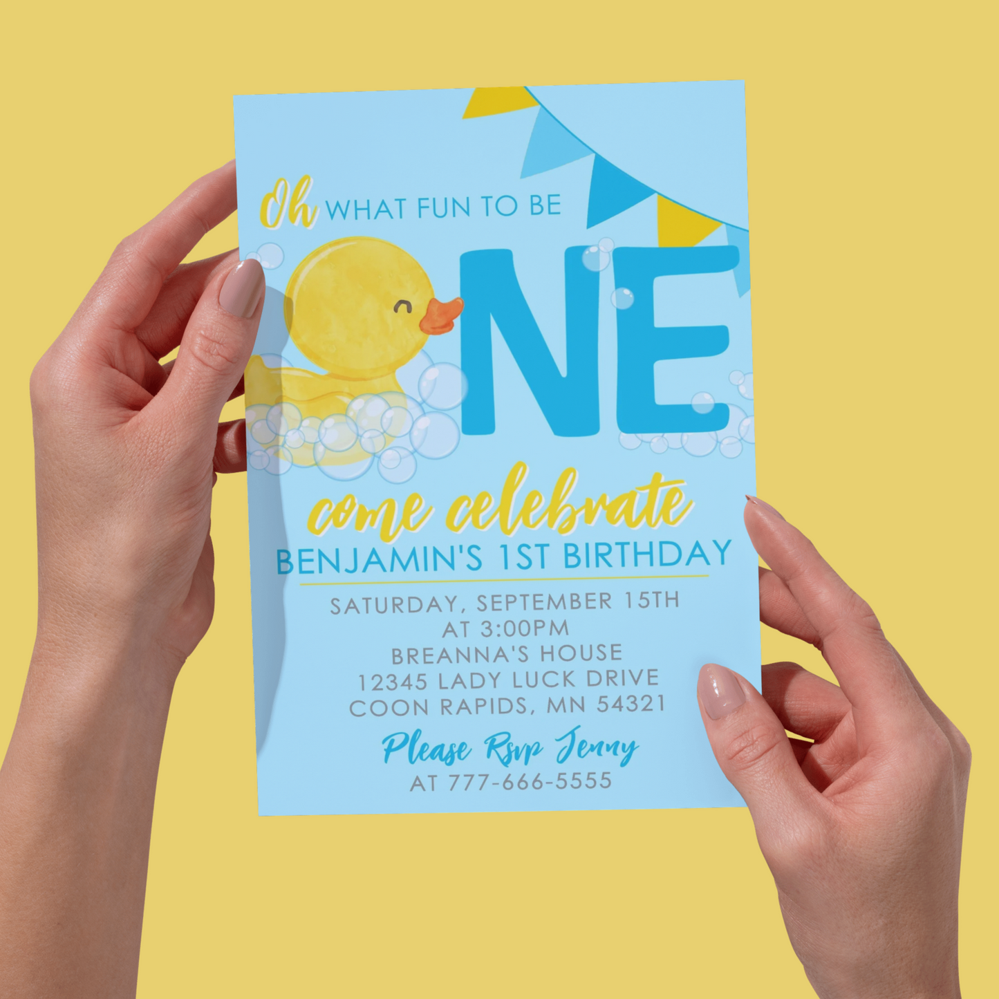 Blue Rubber Duck Fun to be One Birthday Invitation | EDITABLE DIGITAL DOWNLOAD