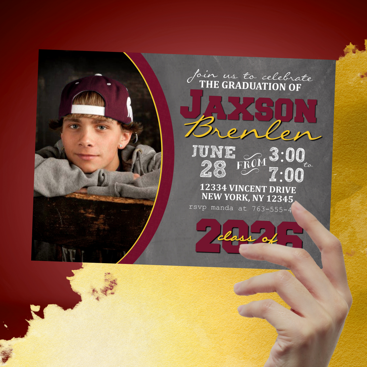 Maroon & Gold Chalkboard Graduation Photo Invitations | EDITABLE DIGITAL DOWNLOAD