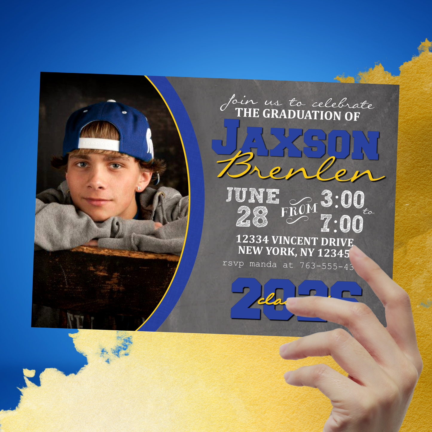 Blue & Gold Graduation Chalkboard Photo Invitations | EDITABLE DIGITAL DOWNLOAD