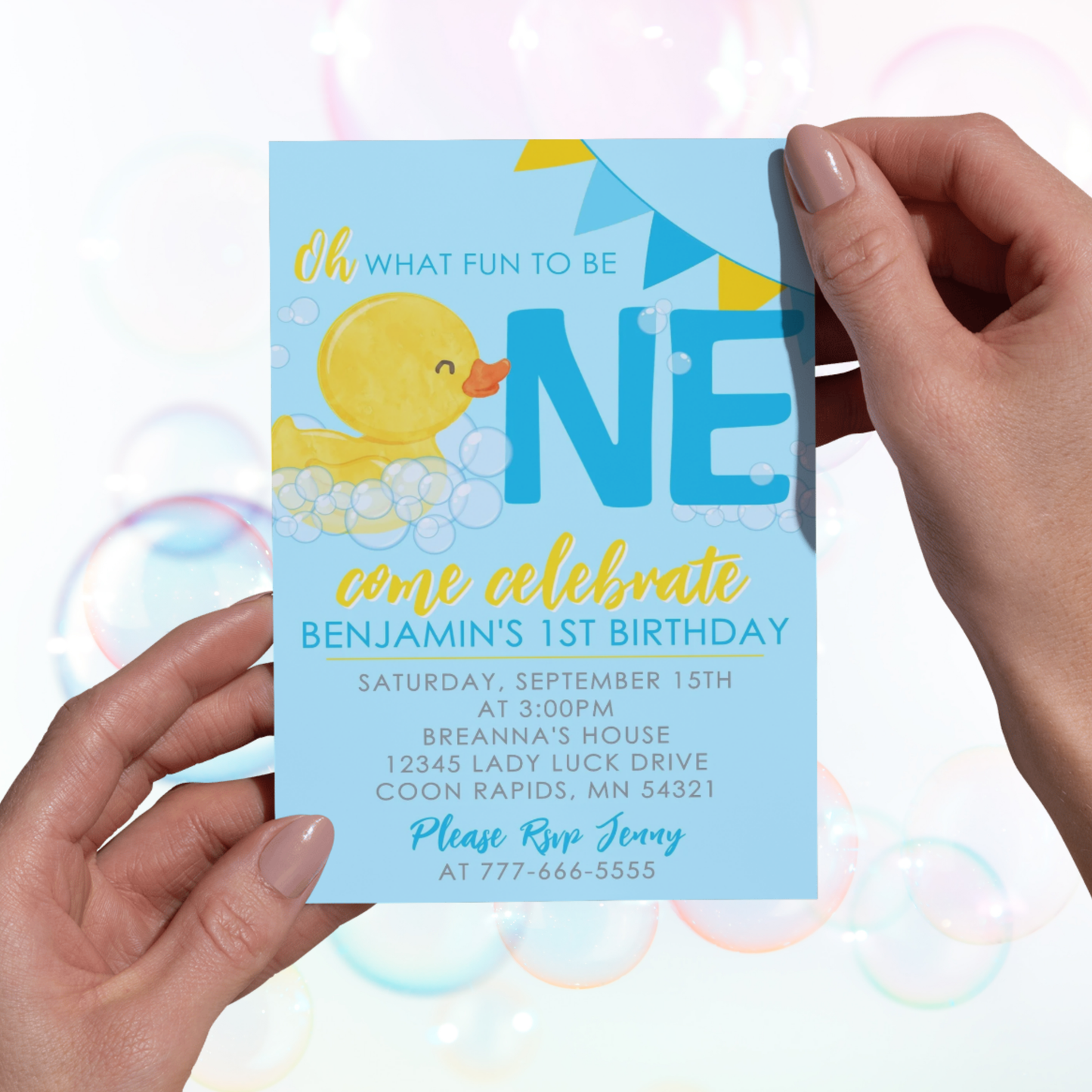 Blue Rubber Duck Fun to be One Birthday Invitation | EDITABLE DIGITAL DOWNLOAD