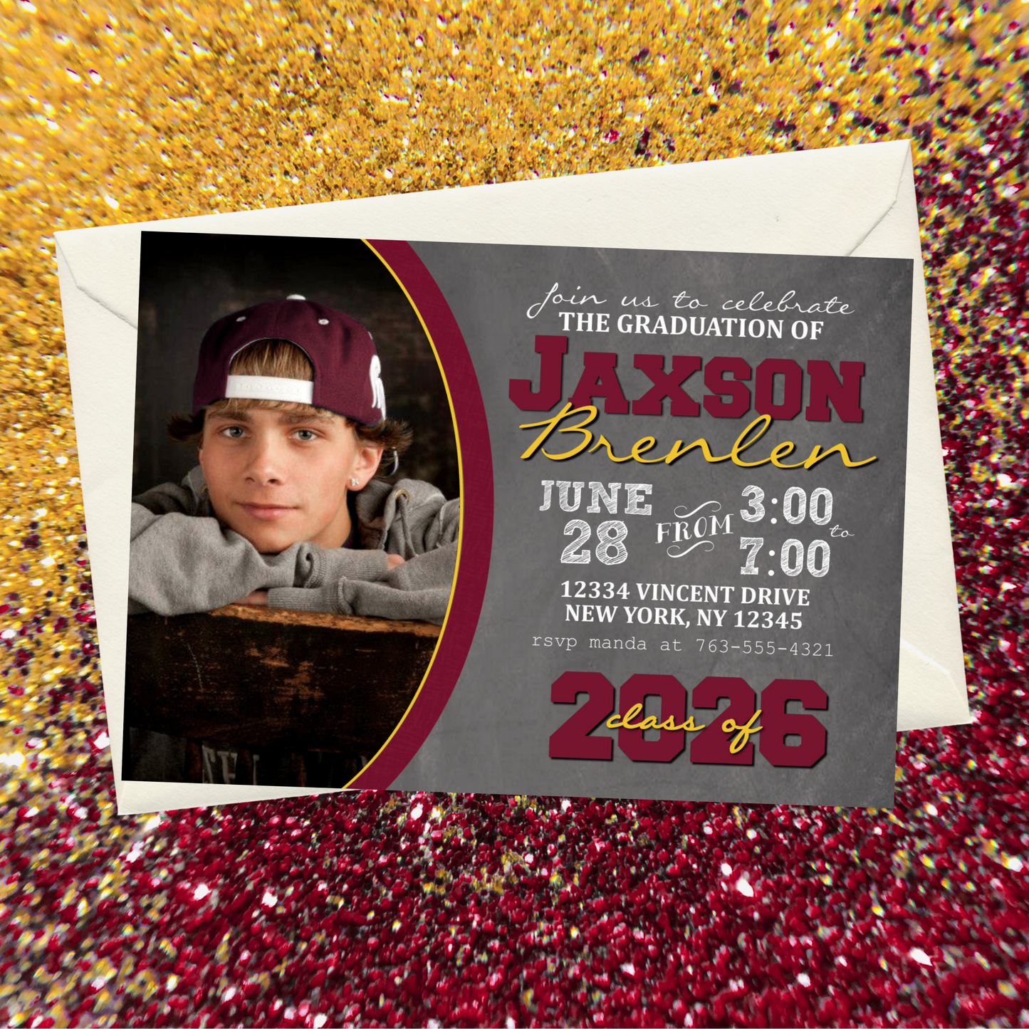 Maroon & Gold Chalkboard Graduation Photo Invitations | EDITABLE DIGITAL DOWNLOAD