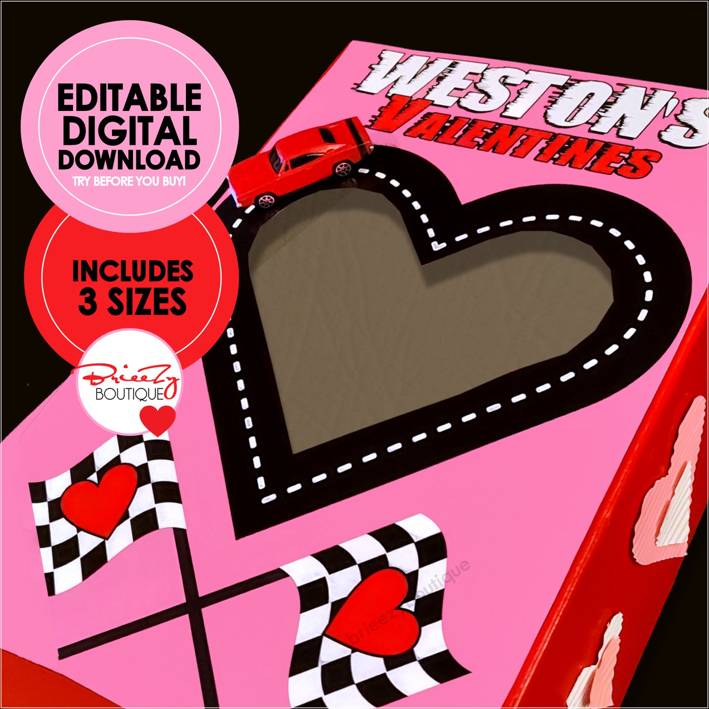 Race Car Track Printable For Valentines Box || EDITABLE DIGITAL DOWNLOAD