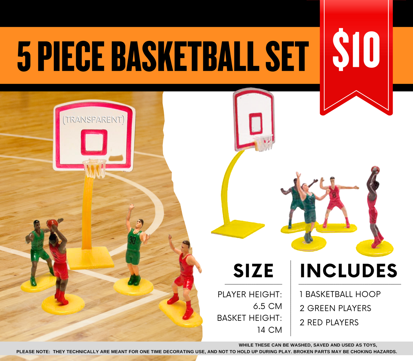 5 Piece Basketball Cake Set ADD ON for : Edible Basketball Court Cake Topper