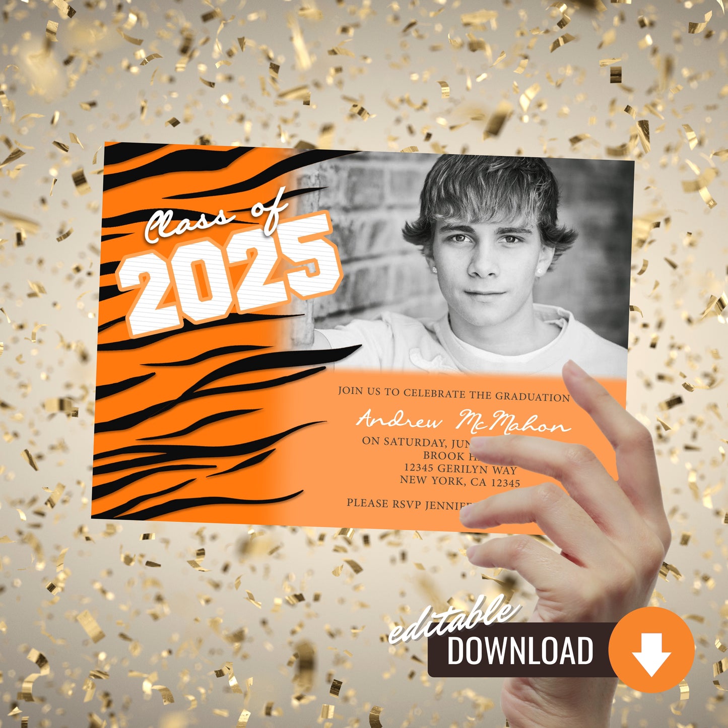 Orange Striped Graduation Photo Invitations for Tigers, Bengals, Bobcats, Wildcats | EDITABLE DIGITAL DOWNLOAD