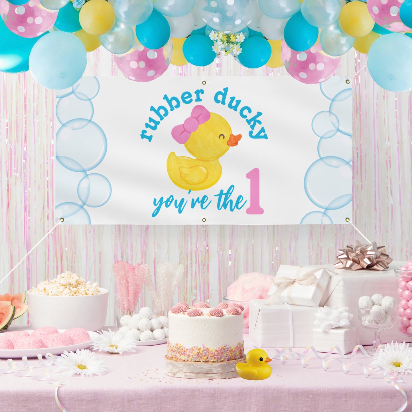 Girl Rubber Ducky You're the 1 Hanging Birthday Banner