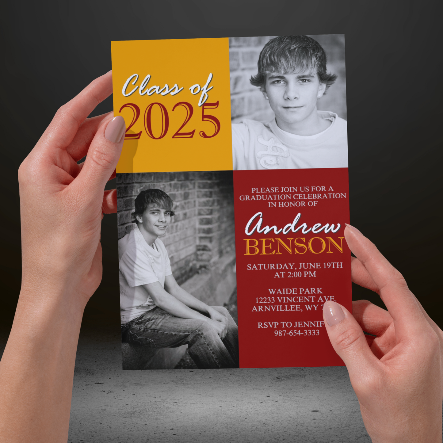 Maroon and Gold Classic 2 Photo Graduation Invitation | EDITABLE DIGITAL DOWNLOAD