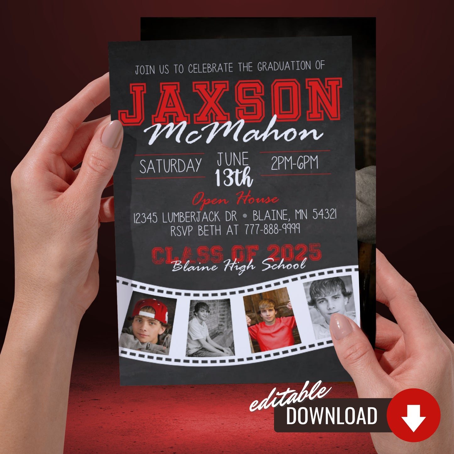 Red Chalkboard Filmstrip Graduation Photo Invitation | ANY COLOR | EDITABLE DIGITAL DOWNLOAD