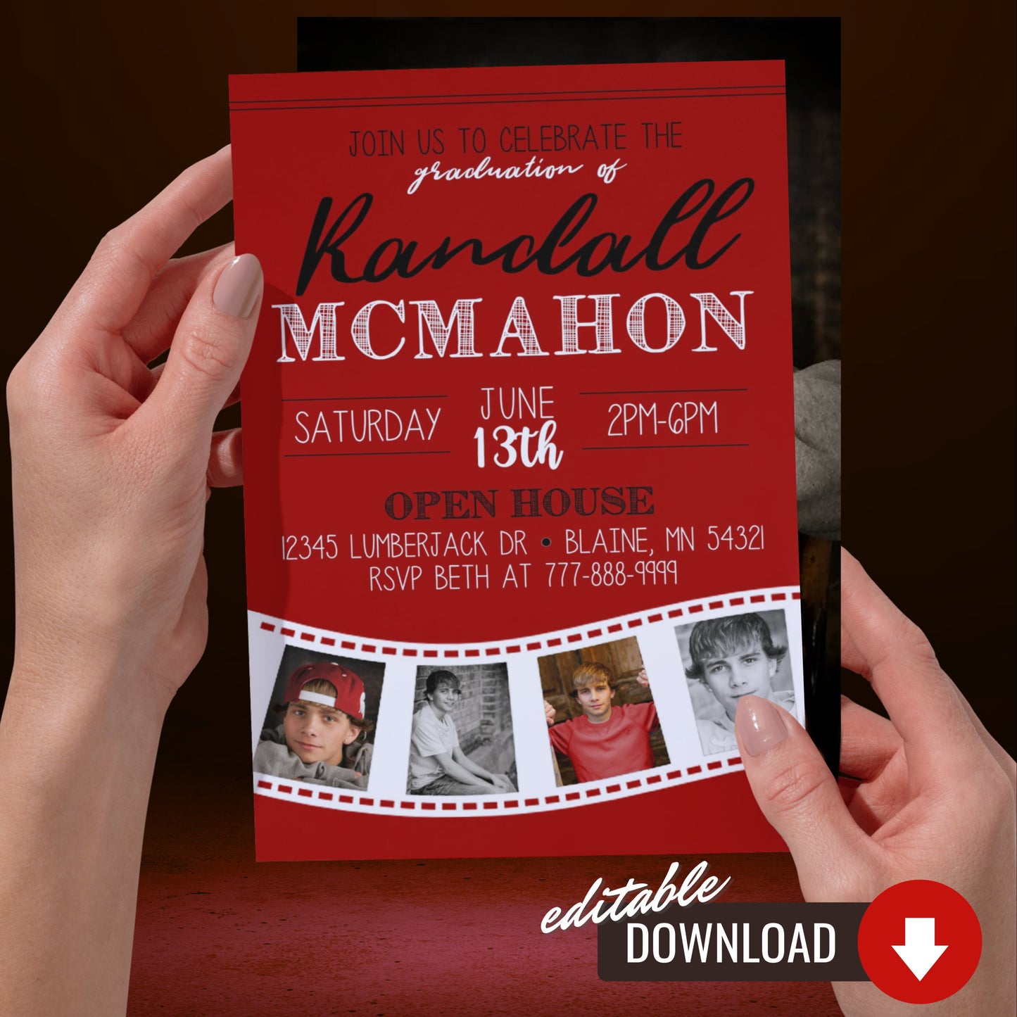Red Filmstrip Graduation Photo Invitation | ANY COLOR | EDITABLE DIGITAL DOWNLOAD