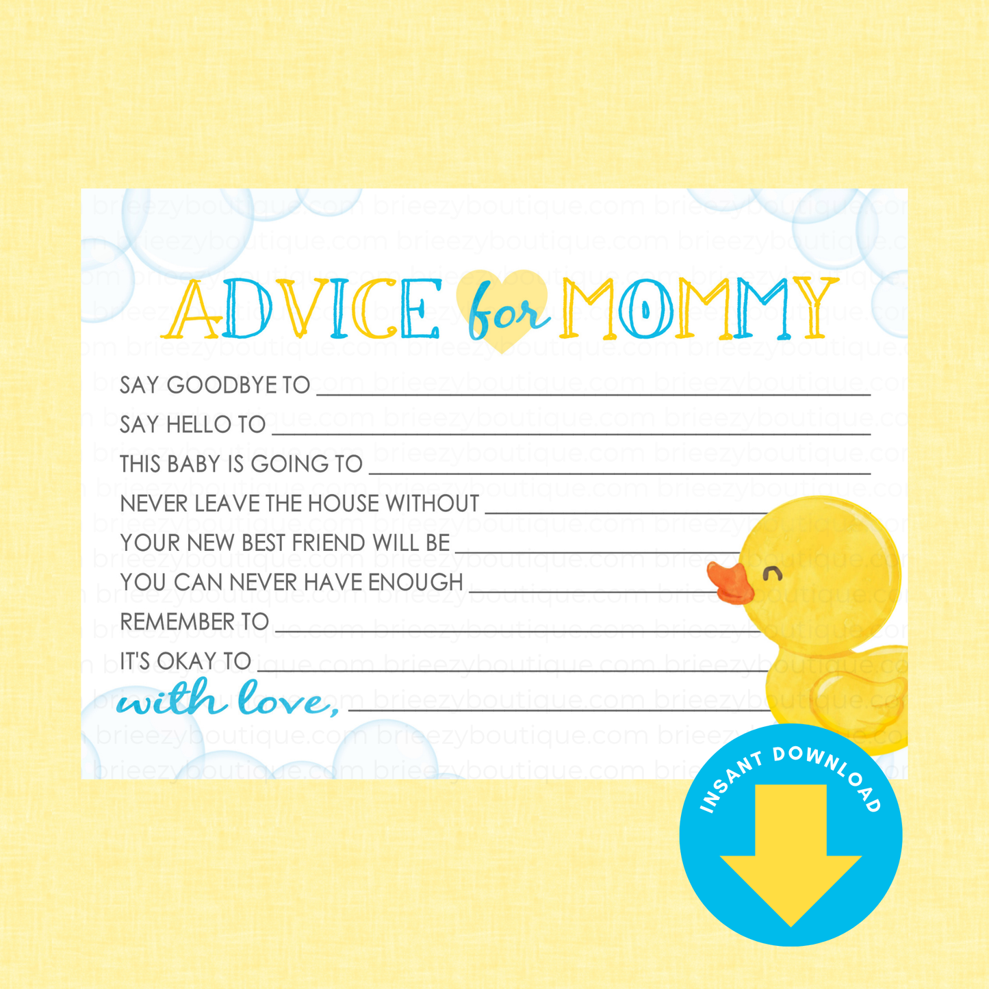 Rubber Duck Advice for Mommy Fill in the Blank Baby Shower Cards (Digital Download)