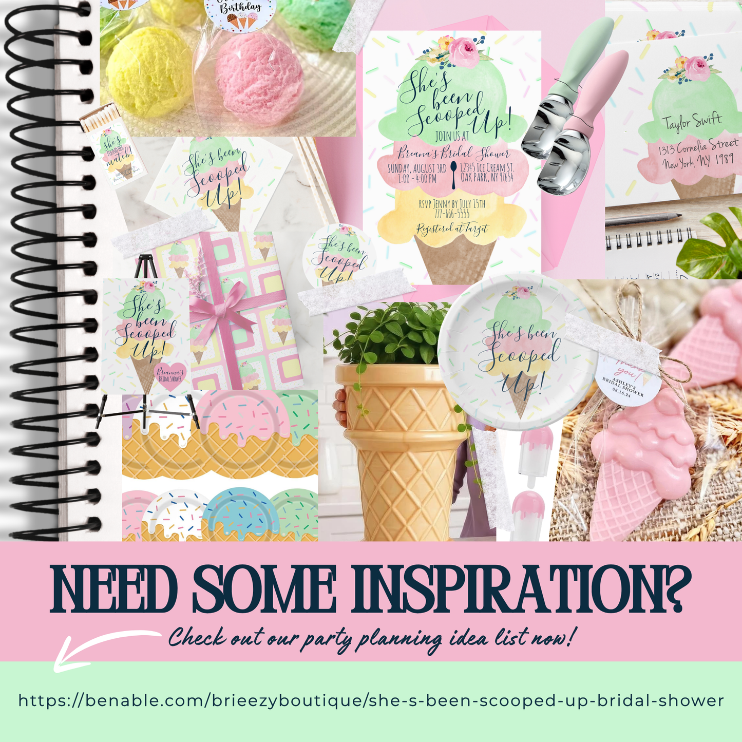 Bridal shower-themed product collection with text 'She's Been Scooped Up' on a pink background.