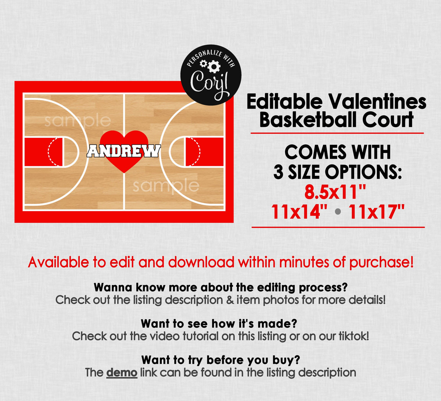 Printable Valentines Basketball Court For Box || EDITABLE DIGITAL DOWNLOAD