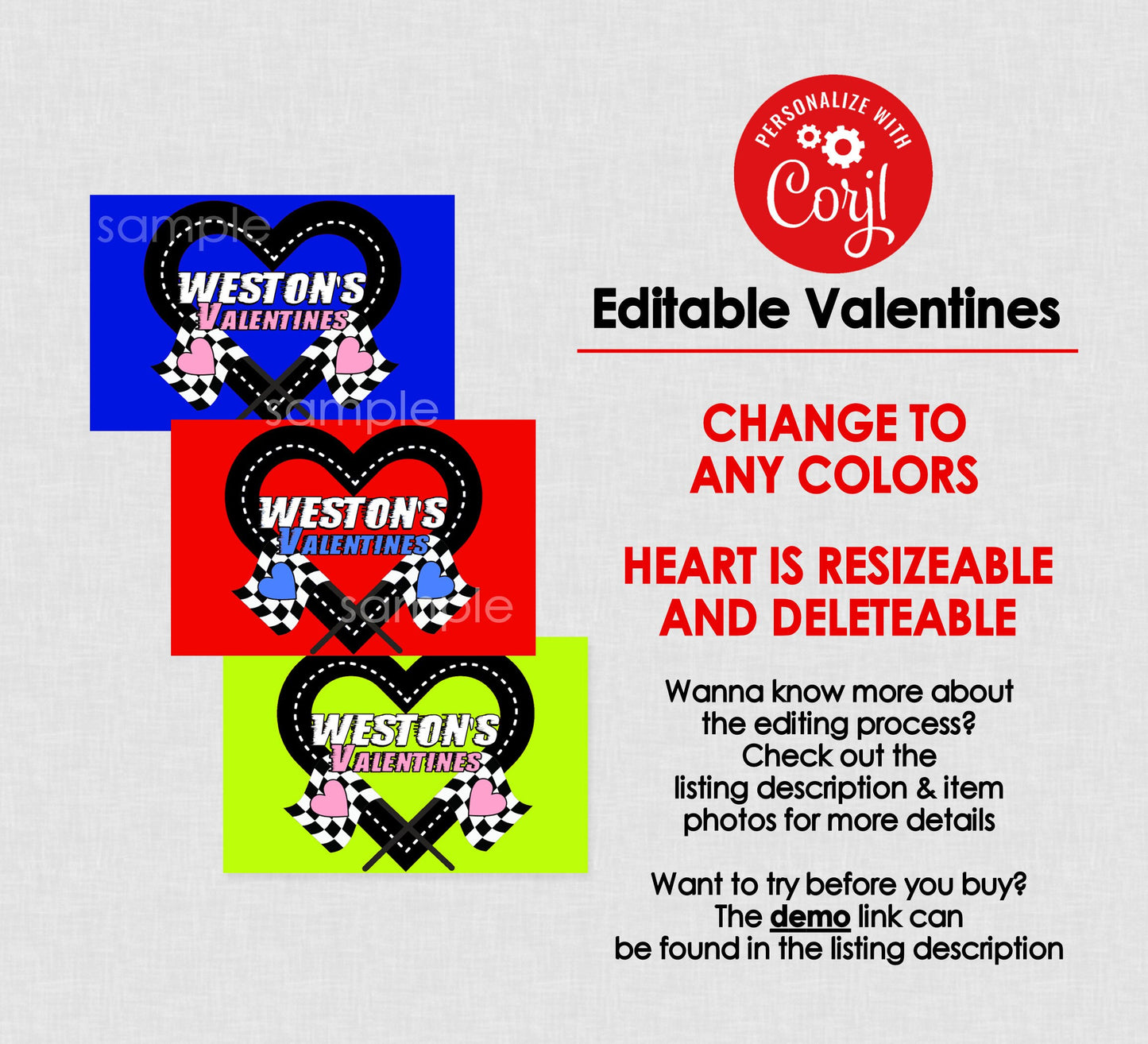 Race Car Heart Printable For Valentines Box || EDITABLE DIGITAL DOWNLOAD