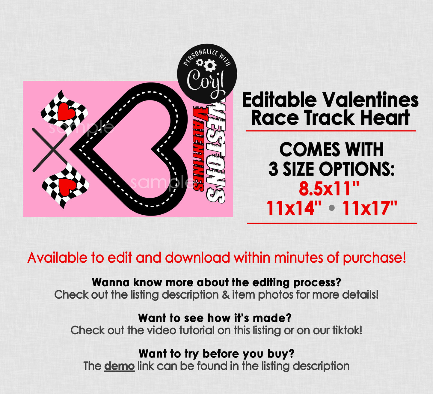 Race Car Track Printable For Valentines Box || EDITABLE DIGITAL DOWNLOAD