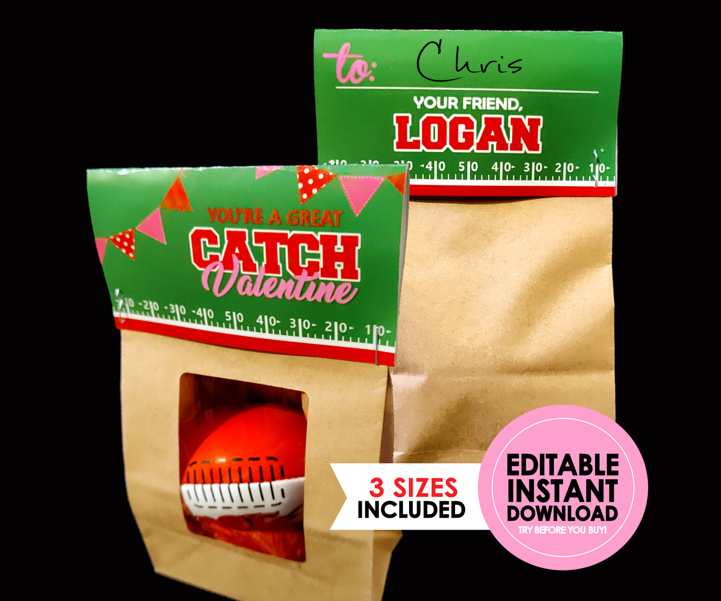 Football Valentines Folding Bag Toppers || EDITABLE INSTANT DOWNLOAD
