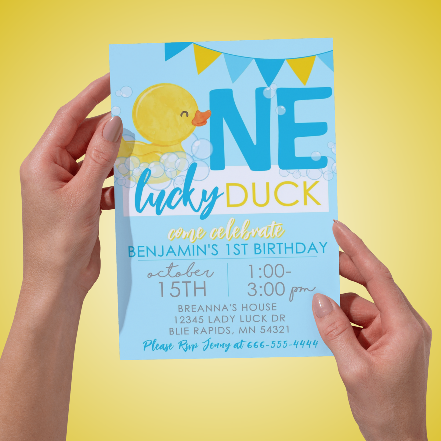 Blue One Lucky Duck Rubber Ducky Birthday Invitation | EDITABLE DIGITAL DOWNLOAD