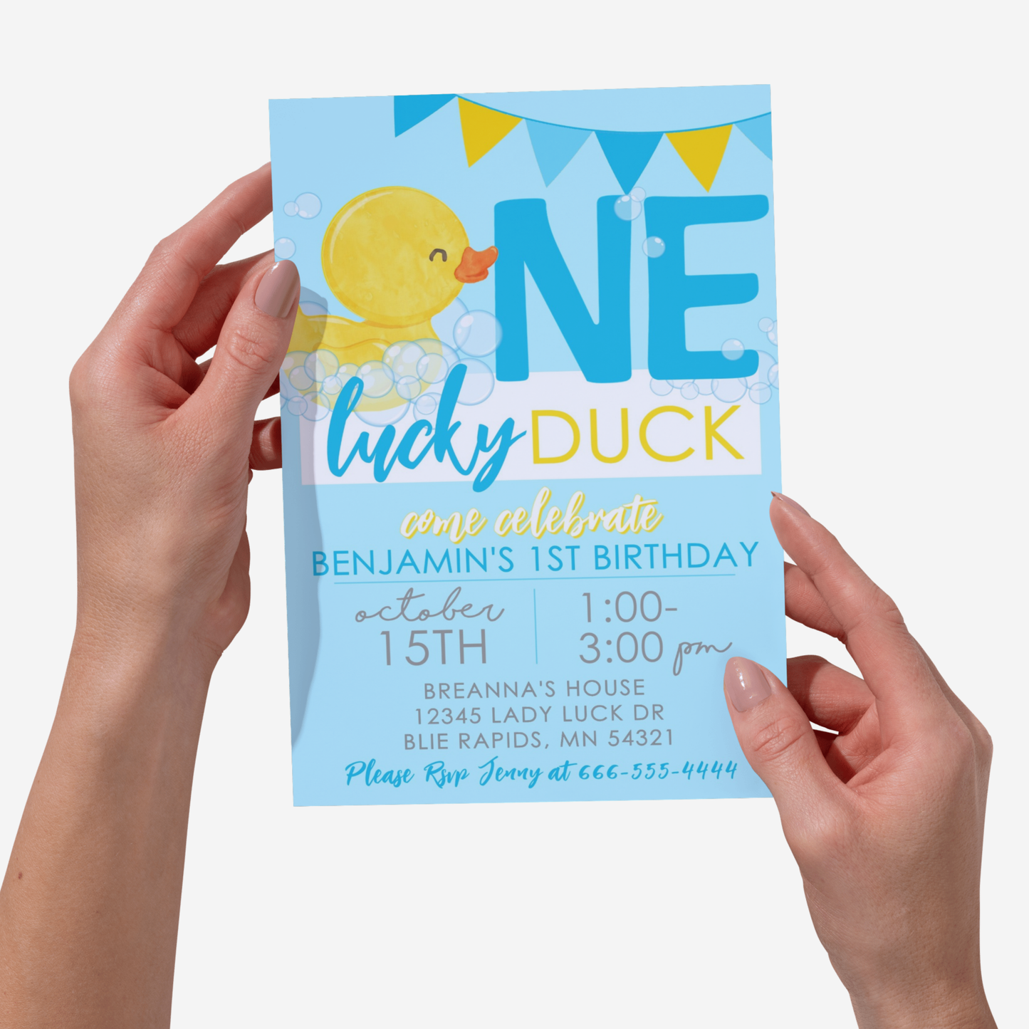 Blue One Lucky Duck Rubber Ducky Birthday Invitation | EDITABLE DIGITAL DOWNLOAD