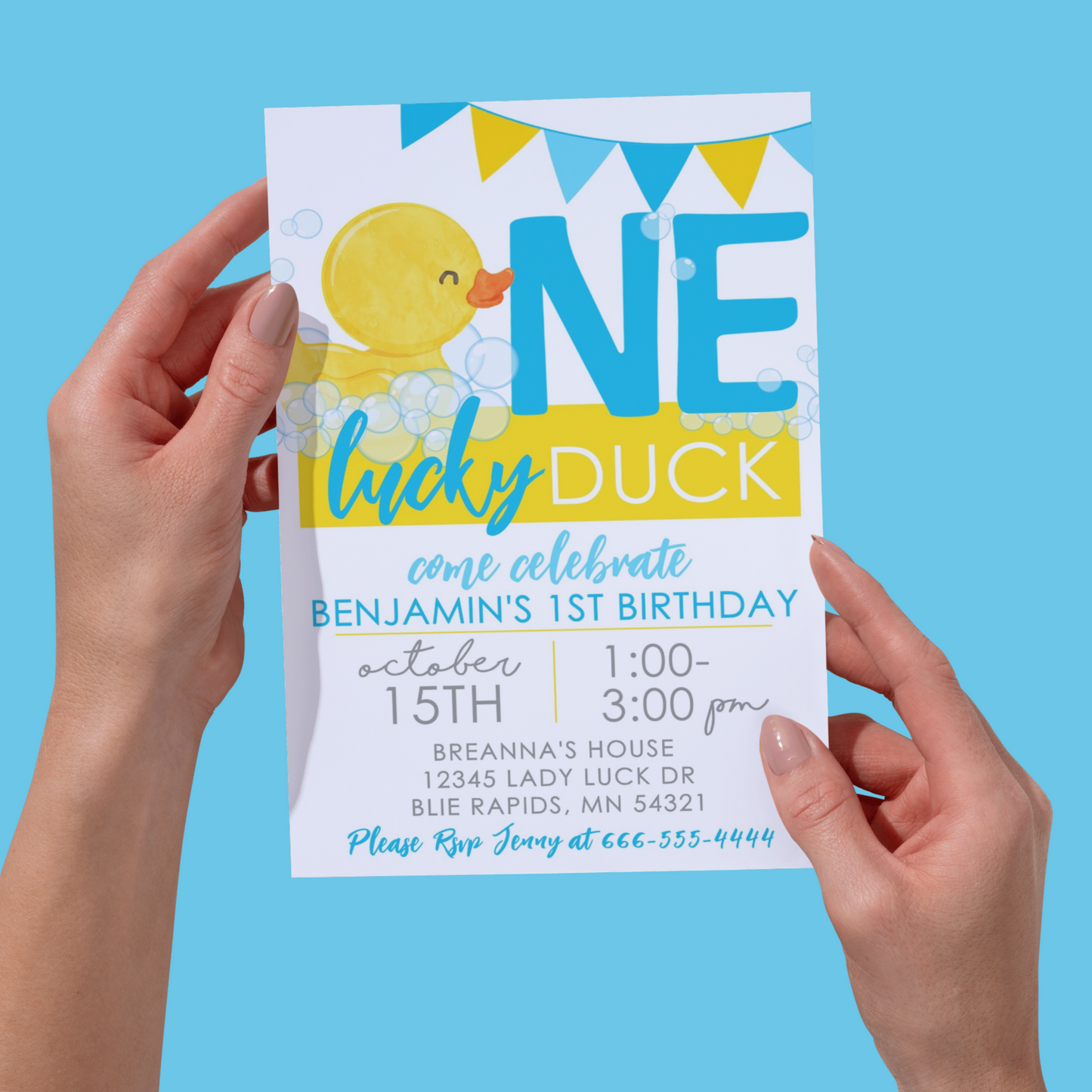 White One Lucky Duck Rubber Ducky Birthday Invitation | EDITABLE DIGITAL DOWNLOAD
