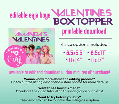 Saja Boys Printable For Valentines Box || EDITABLE DIGITAL DOWNLOAD