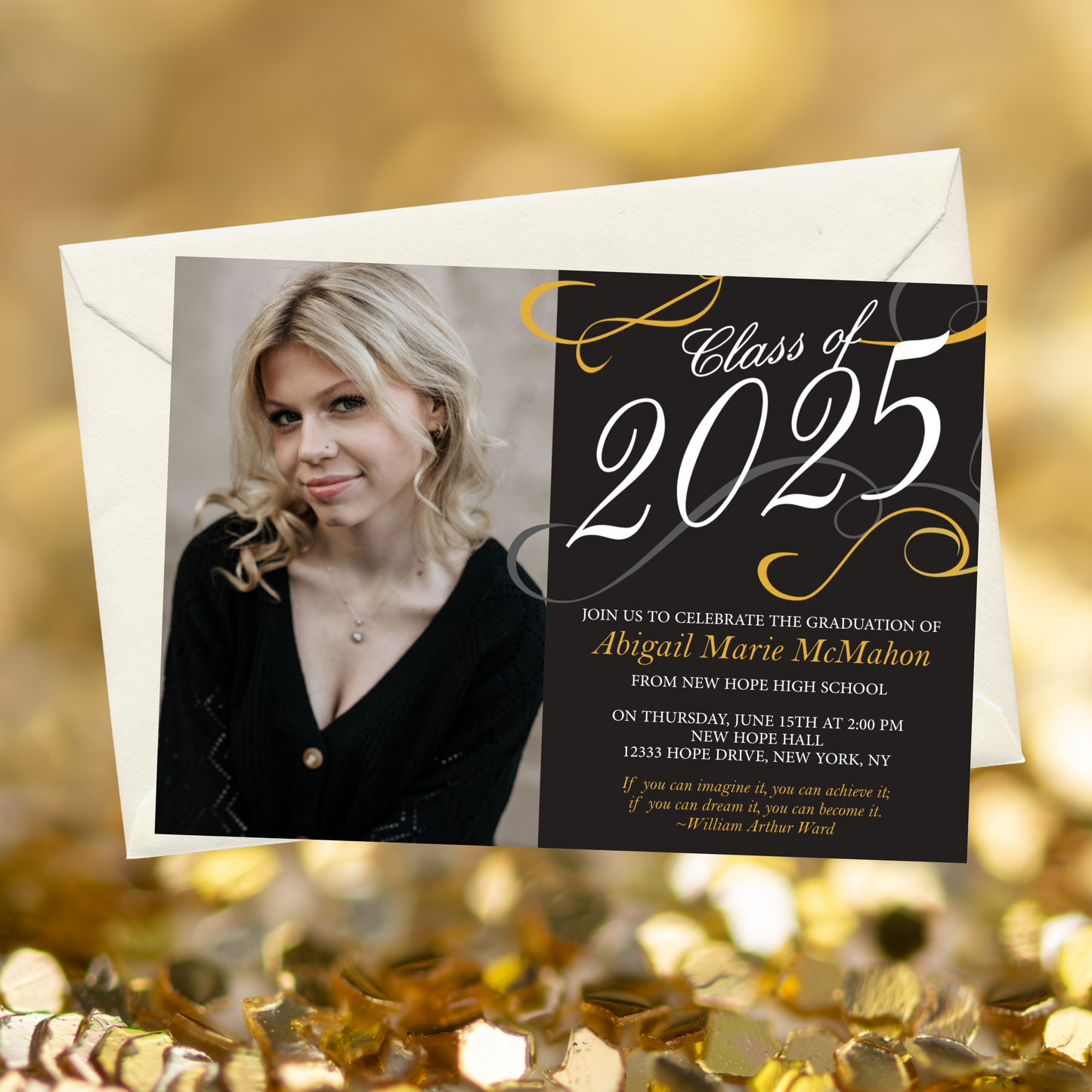 Elegant Black & Gold Swirl Graduation Photo Invitation | EDITABLE DIGITAL DOWNLOAD