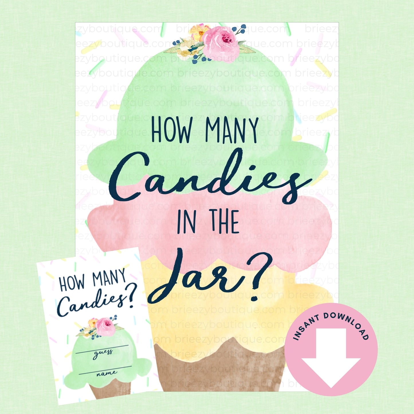 Printable game card with ice cream cone design and text 'How Many Candies in the Jar?' on a light green background.