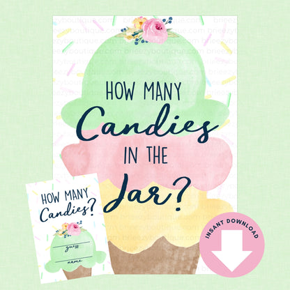 Printable game card with ice cream cone design and text 'How Many Candies in the Jar?' on a light green background.