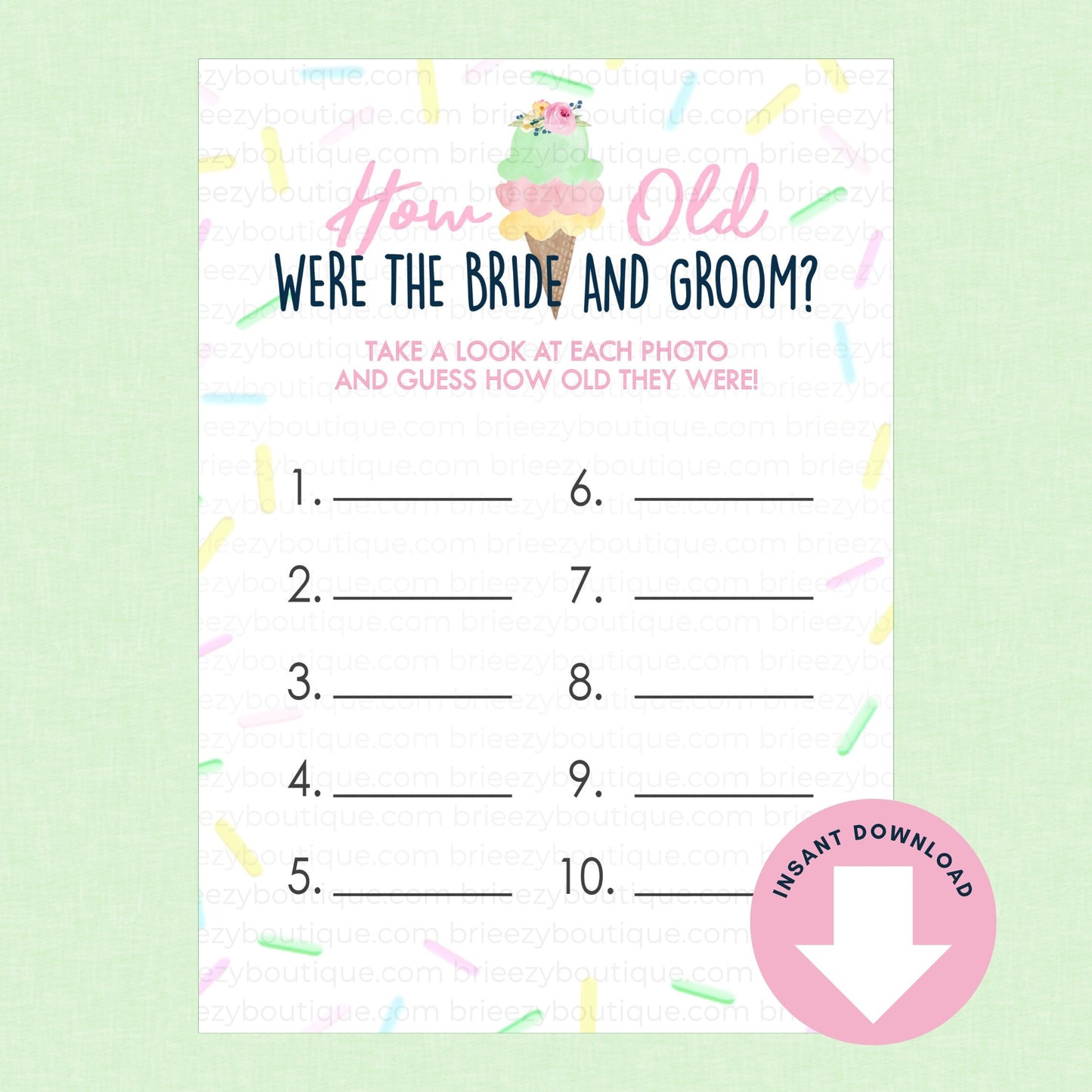 Game sheet for a bridal shower guessing game on a light green background
