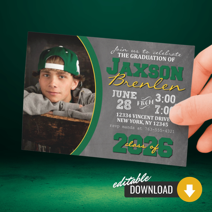 Green & Gold Graduation Chalkboard Photo Invitations | EDITABLE DIGITAL DOWNLOAD