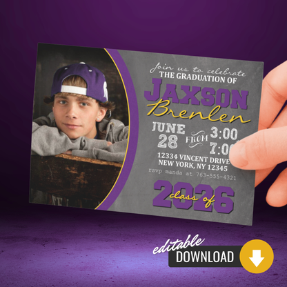 Purple & Gold Graduation Chalkboard Photo Invitations | EDITABLE DIGITAL DOWNLOAD