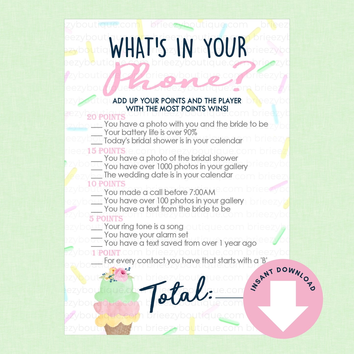 What's in your phone Scooped up bridal shower game