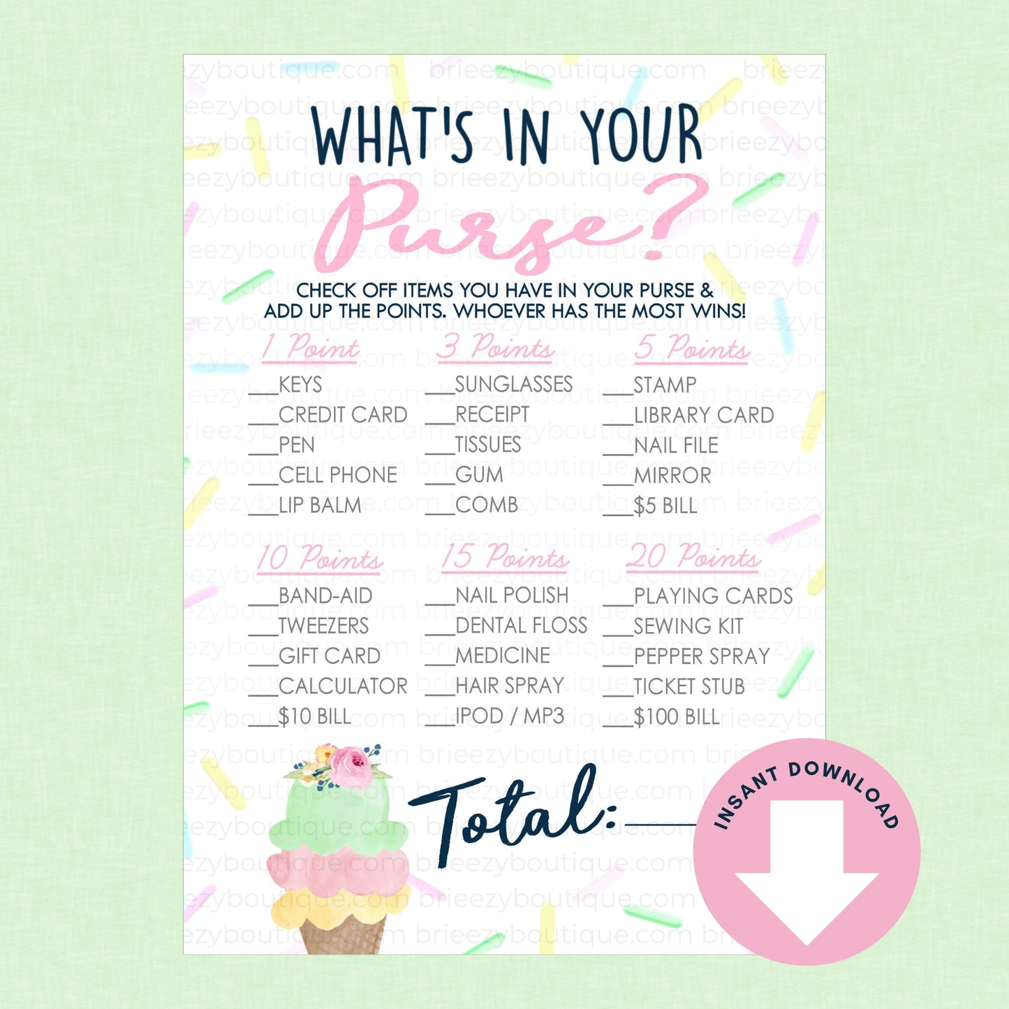 What's in your purse Scooped up bridal shower game