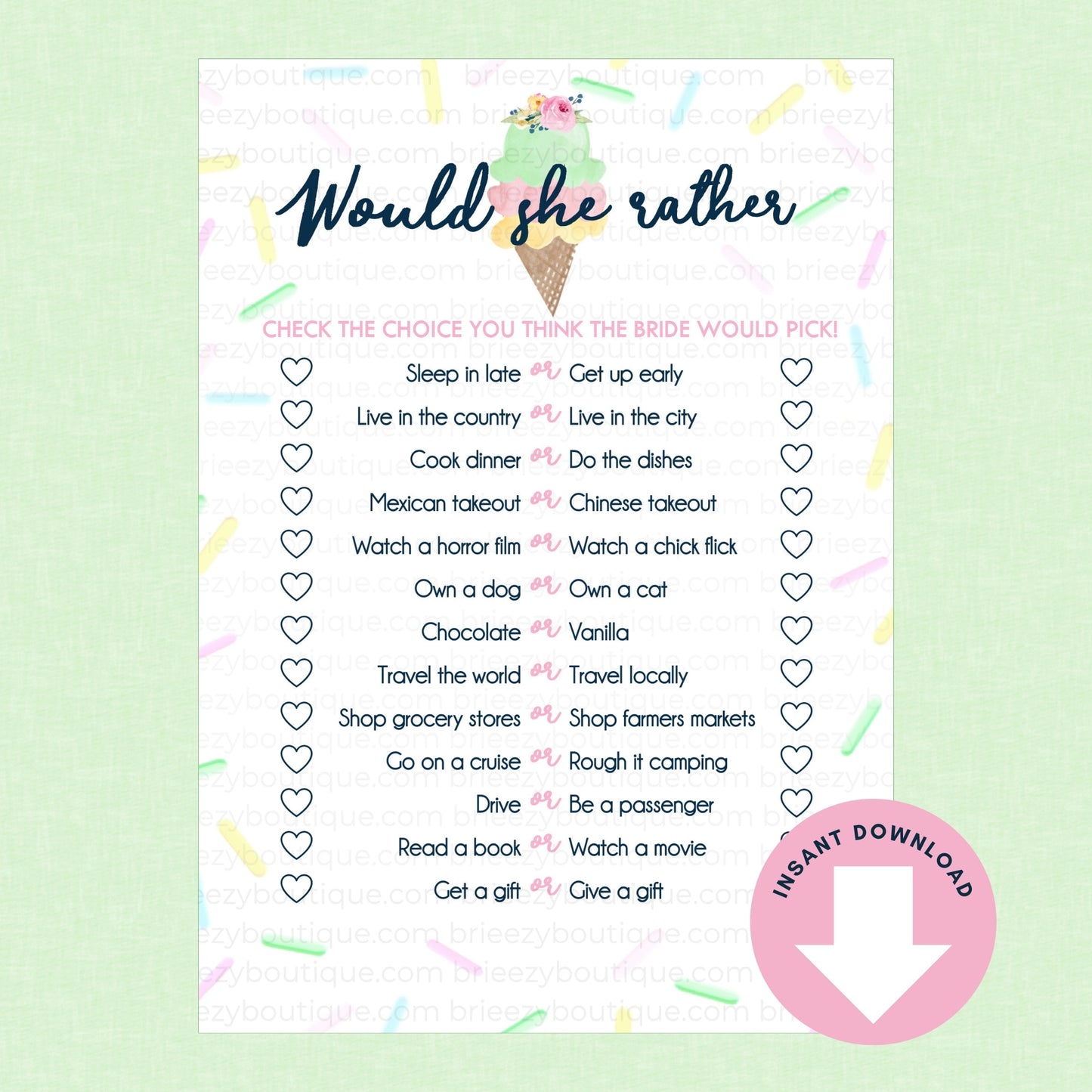 Sheet of paper with 'Would she rather' questions on a light green background Scooped up bridal shower game