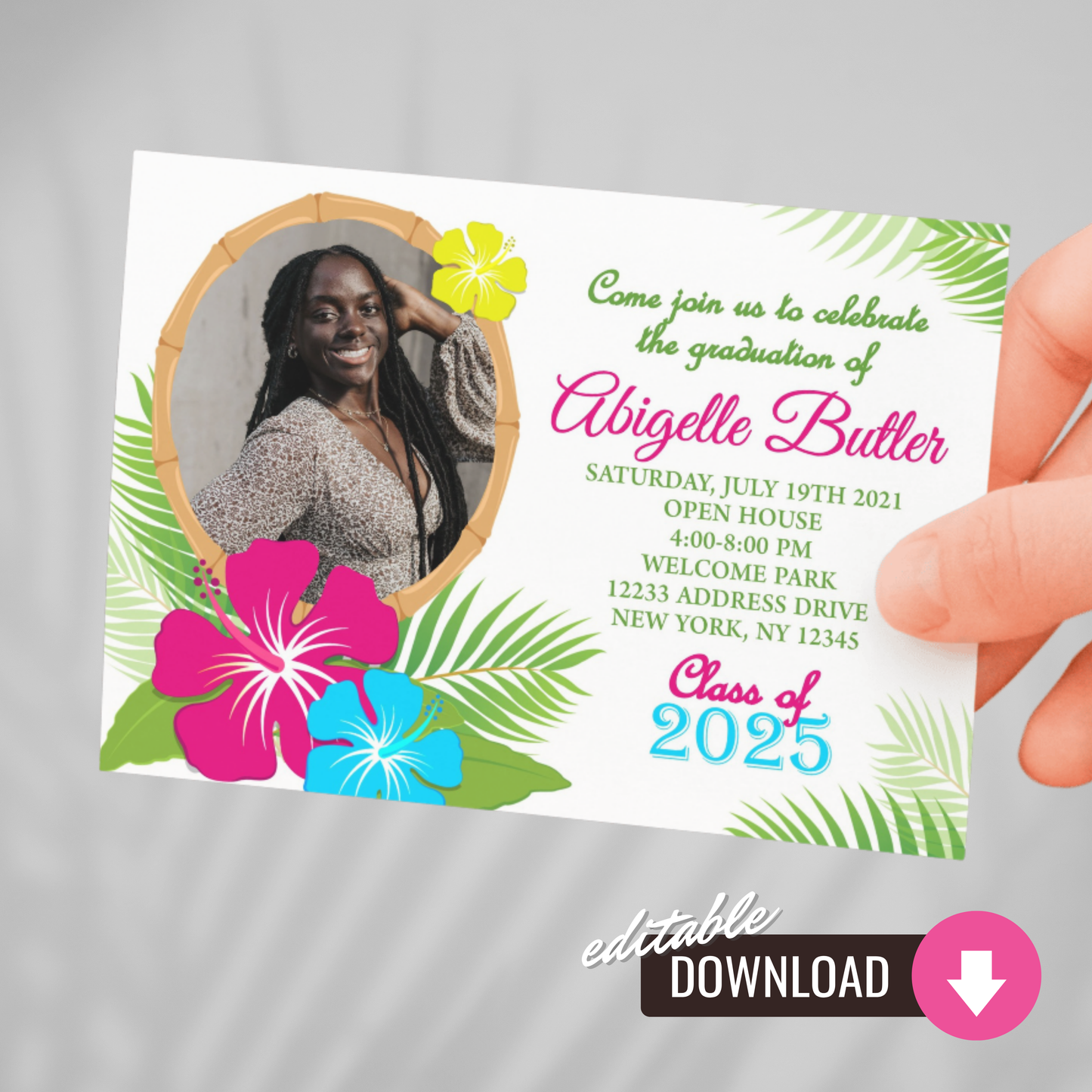 Tropical Luau Graduation Photo Invitation | EDITABLE DIGITAL DOWNLOAD