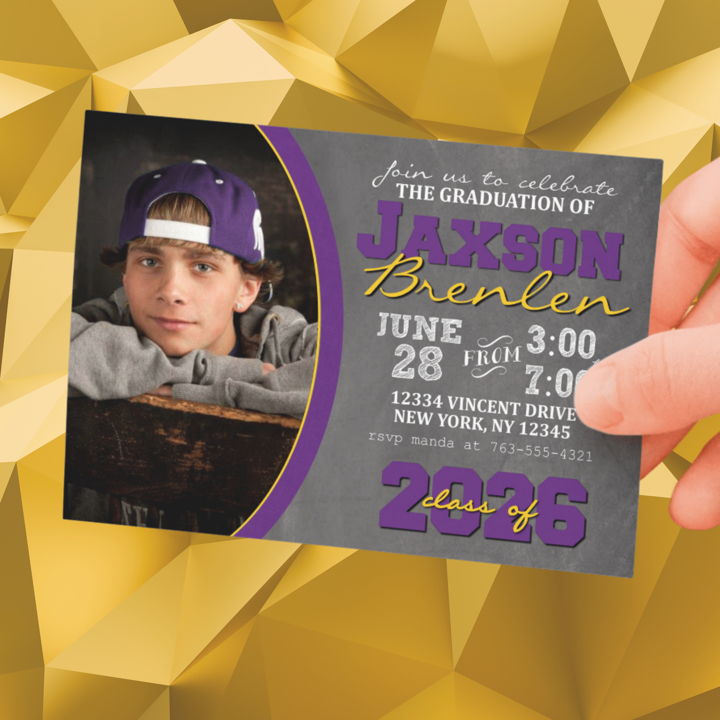 Purple & Gold Graduation Chalkboard Photo Invitations | EDITABLE DIGITAL DOWNLOAD