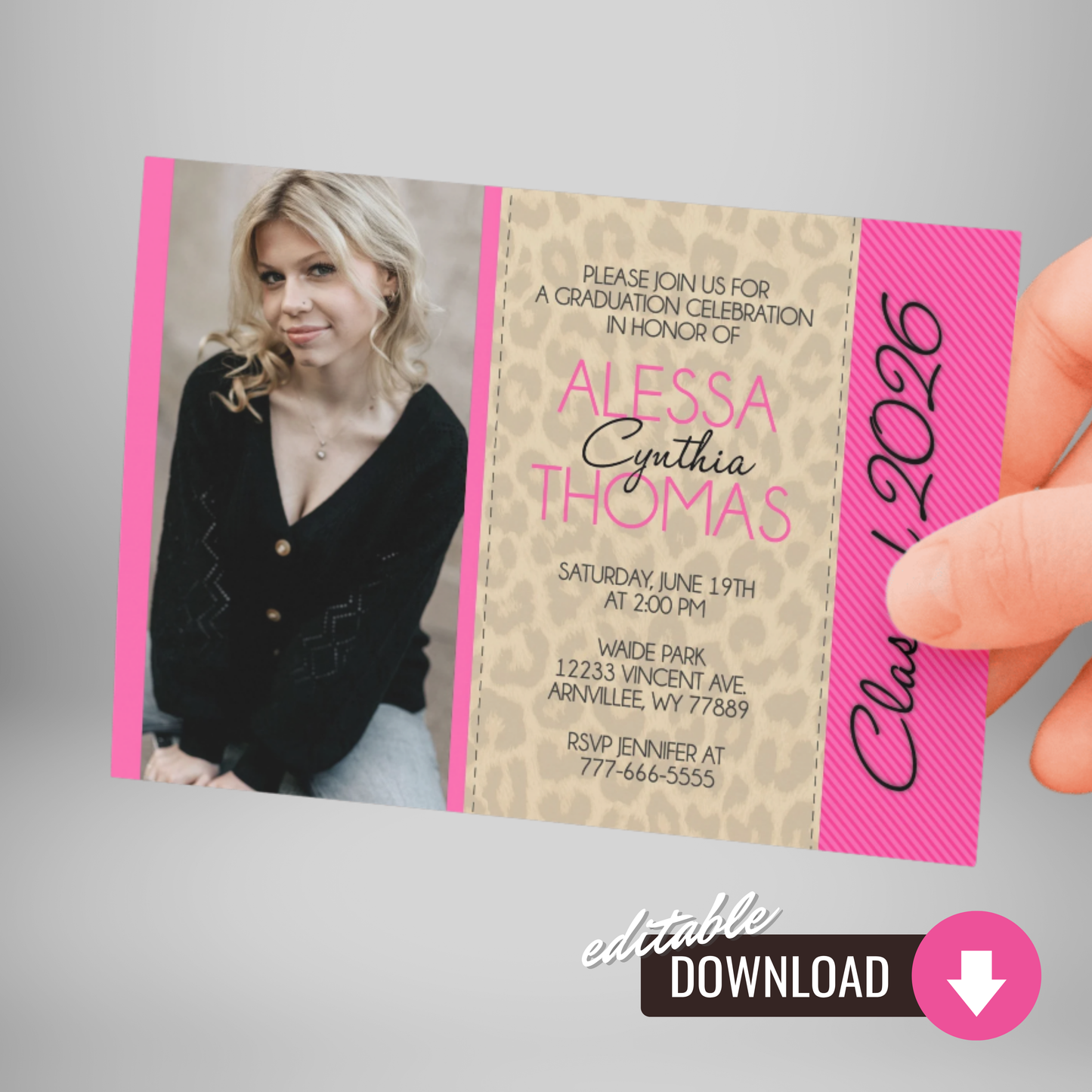 Leopard & Pink Graduation Photo Invitations | EDITABLE DIGITAL DOWNLOAD