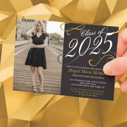 Elegant Black & Gold Swirl Graduation Photo Invitation | EDITABLE DIGITAL DOWNLOAD