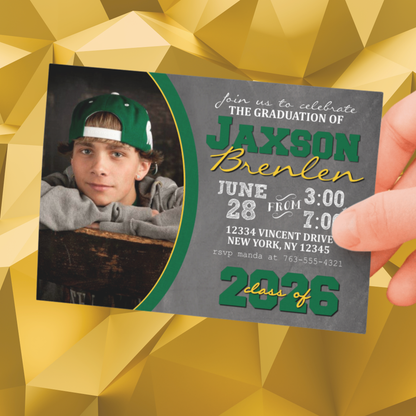 Green & Gold Graduation Chalkboard Photo Invitations | EDITABLE DIGITAL DOWNLOAD