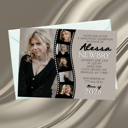 Filmstrip Multi Photo Collage Graduation Invitations | Neutral Pinstripe | EDITABLE DIGITAL DOWNLOAD
