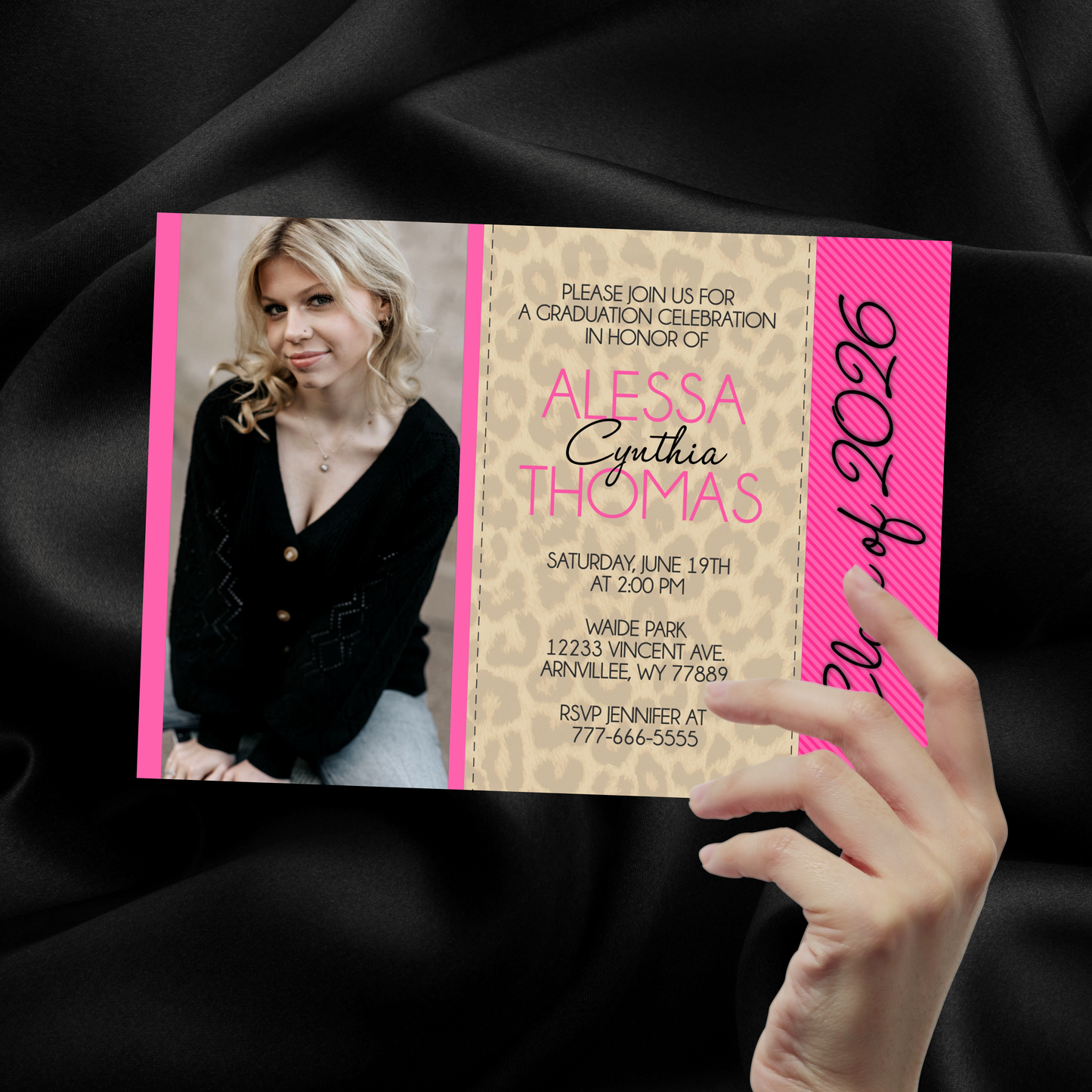 Leopard & Pink Graduation Photo Invitations | EDITABLE DIGITAL DOWNLOAD
