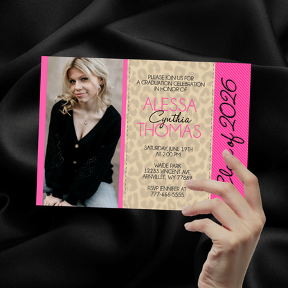 Leopard & Pink Graduation Photo Invitations | EDITABLE DIGITAL DOWNLOAD