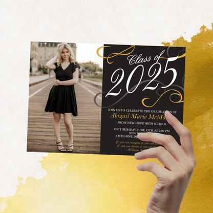Elegant Black & Gold Swirl Graduation Photo Invitation | EDITABLE DIGITAL DOWNLOAD