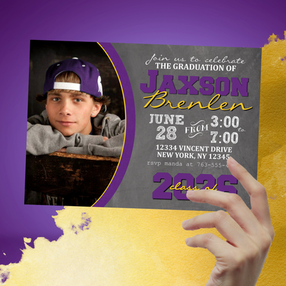 Purple & Gold Graduation Chalkboard Photo Invitations | EDITABLE DIGITAL DOWNLOAD