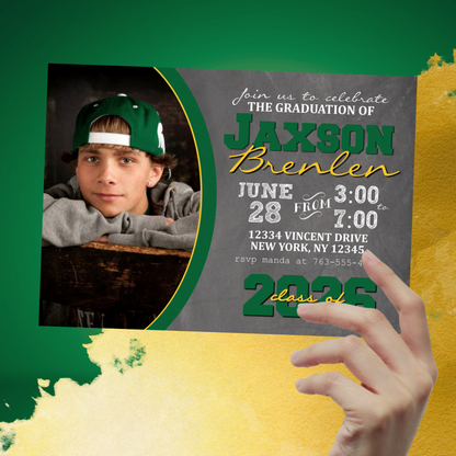 Green & Gold Graduation Chalkboard Photo Invitations | EDITABLE DIGITAL DOWNLOAD
